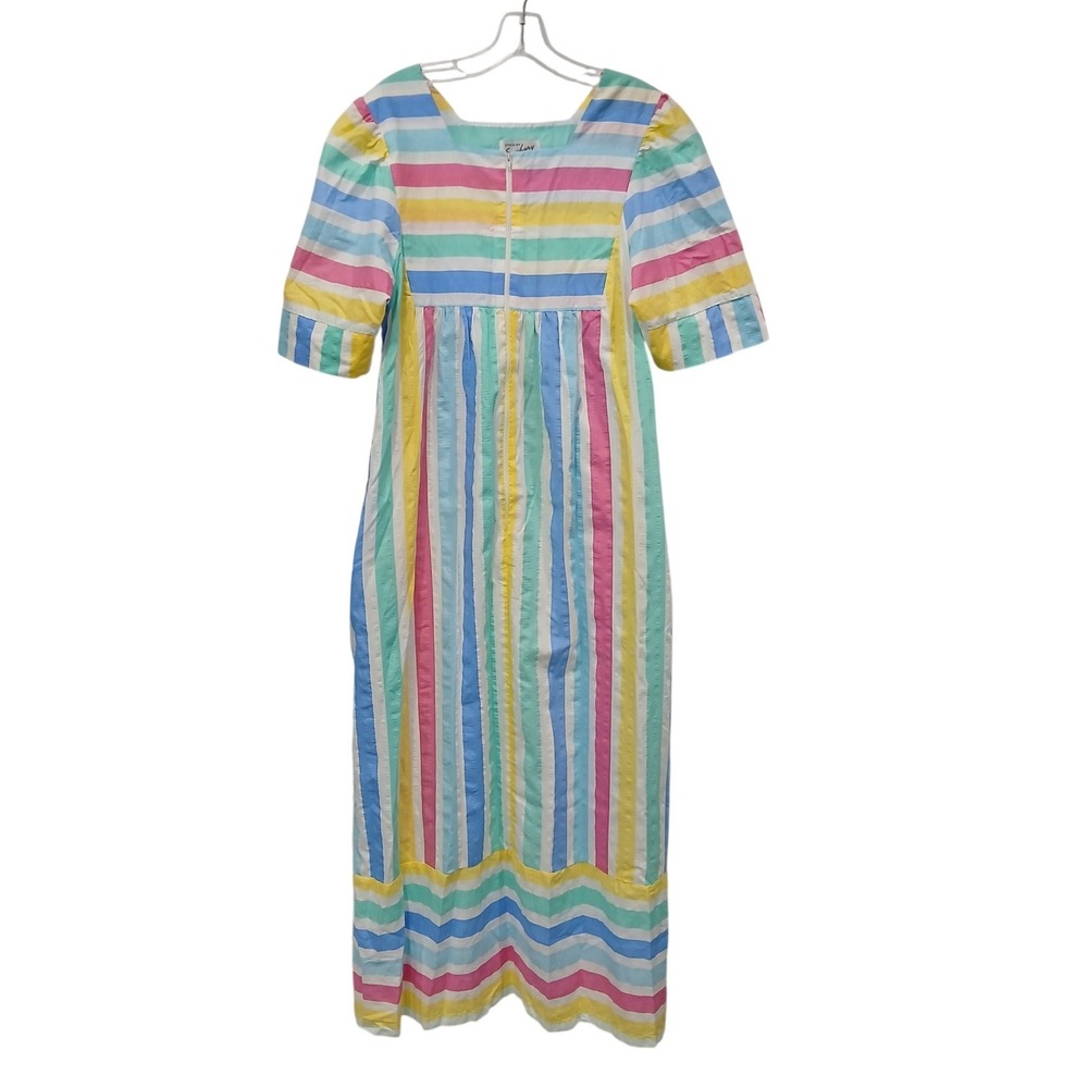 Vintage‎ 80s Styled by Saybury Rainbow Pastel Stripe House Dress Muumuu M